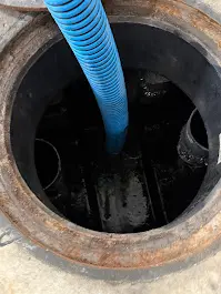 Suction hose lowered into a septic tank opening